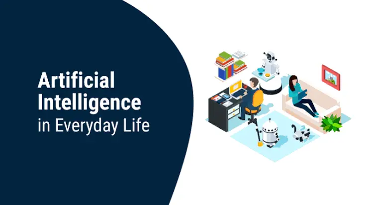 Illustration of everyday AI applications including smartphones, navigation apps, and entertainment recommendations