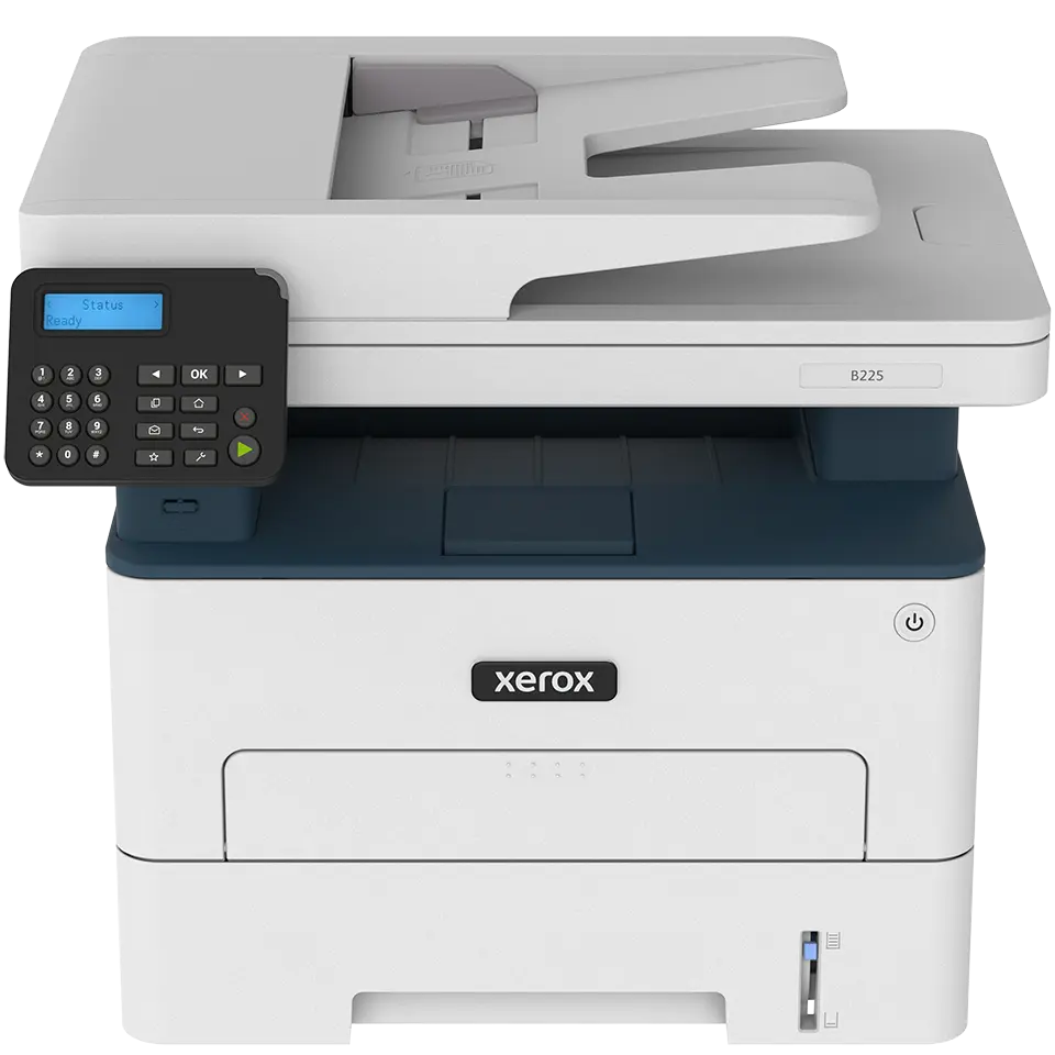 White Xerox B225 multifunction printer featuring automatic document feeder and control panel
