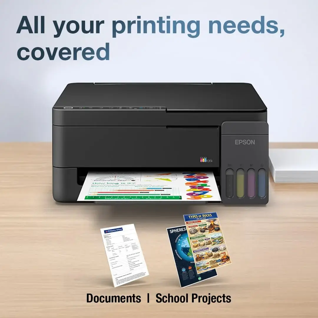 Epson EcoTank L3350 multifunction A4 printer showing the integrated front ink tank system