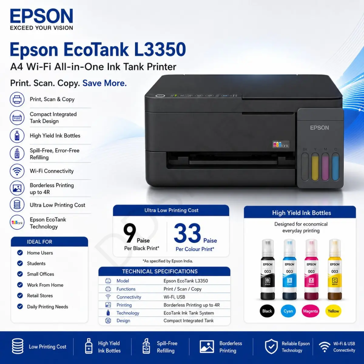 Epson EcoTank L3350 multifunction A4 printer showing the integrated front ink tank system