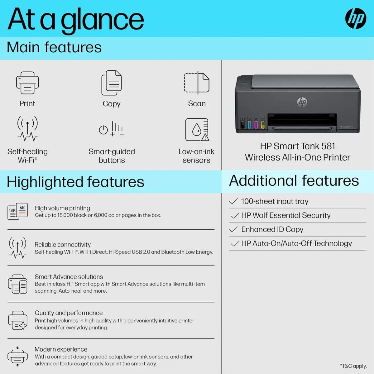 HP Smart Tank 581 All-in-One Inkjet Printer with control panel and paper feed