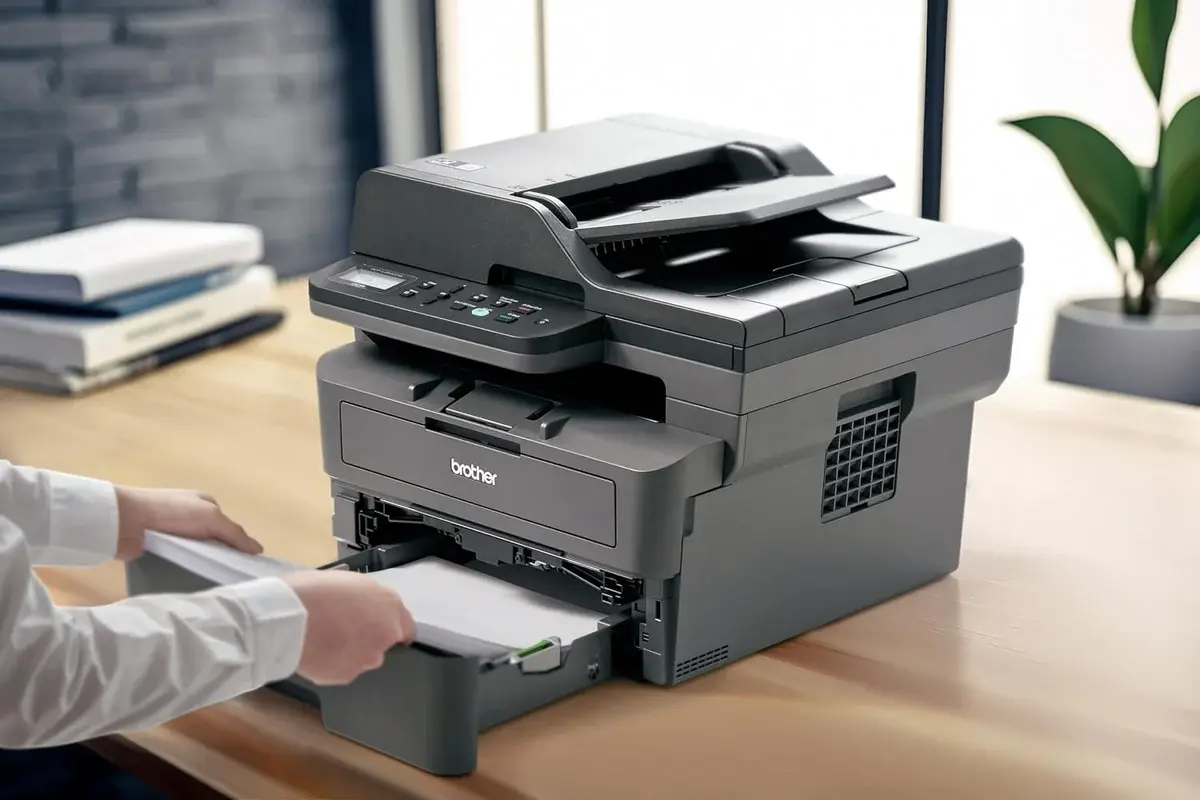 Brother DCP-L2640DW black wireless 3-in-1 mono laser printer showing the automatic document feeder and paper tray