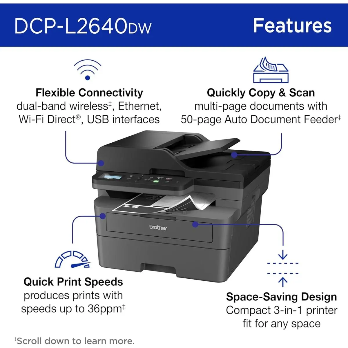Brother DCP-L2640DW Wireless & Brother Mobile Connect App Mono Laser Multifunction 3-in-1 Automatic 2-sided (Duplex) Print & Document Feeder - Black