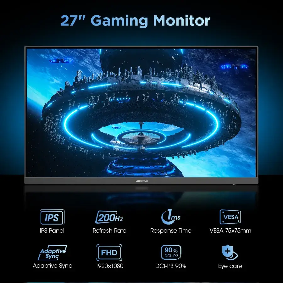 KOORUI G2711P 27" Gaming Monitor, Full HD 1920x1080, Fast IPS, 200Hz, 1ms, HDR400, G-SYNC Compatible - Black | G2711P