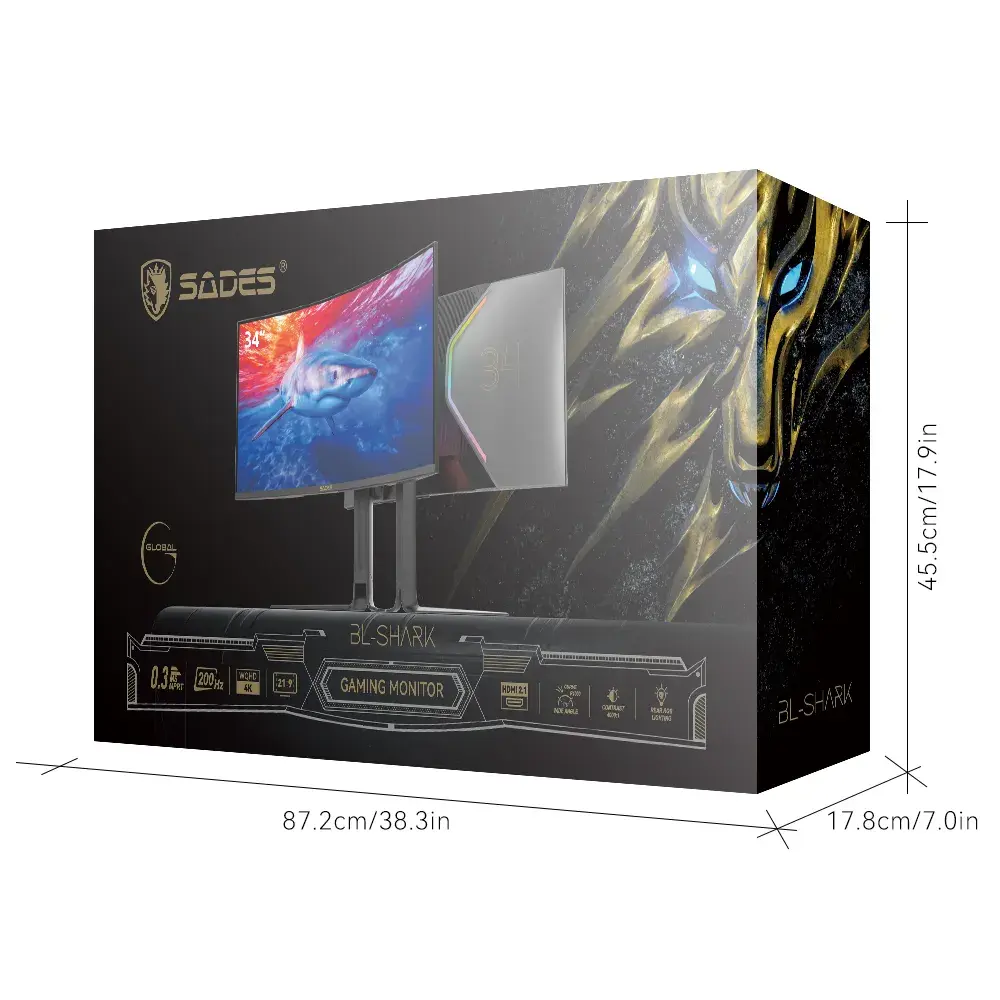 SADES BL-Shark 34" Curved Ultrawide Gaming Monitor, WQHD 4K 3440x1440, Fast VA R1000, 165Hz, 0.5ms, Adaptive Sync, RGB - Black | SA-C02Q34